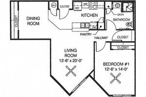 Floor plan for 1 bed, 1 bath, 828 sqft